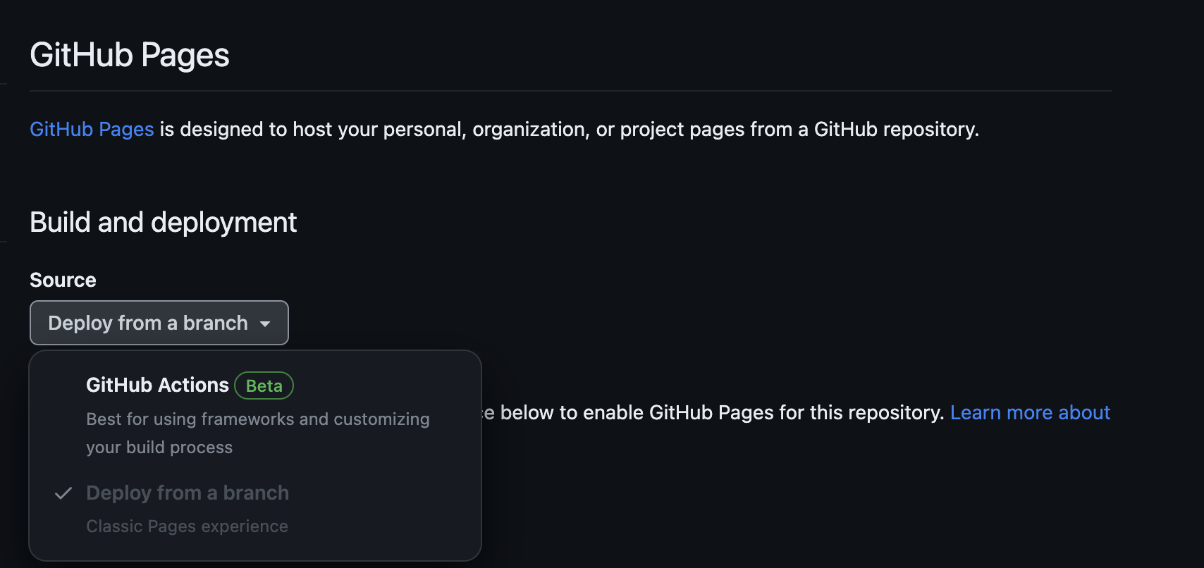GitHub Pages build and deployment settings