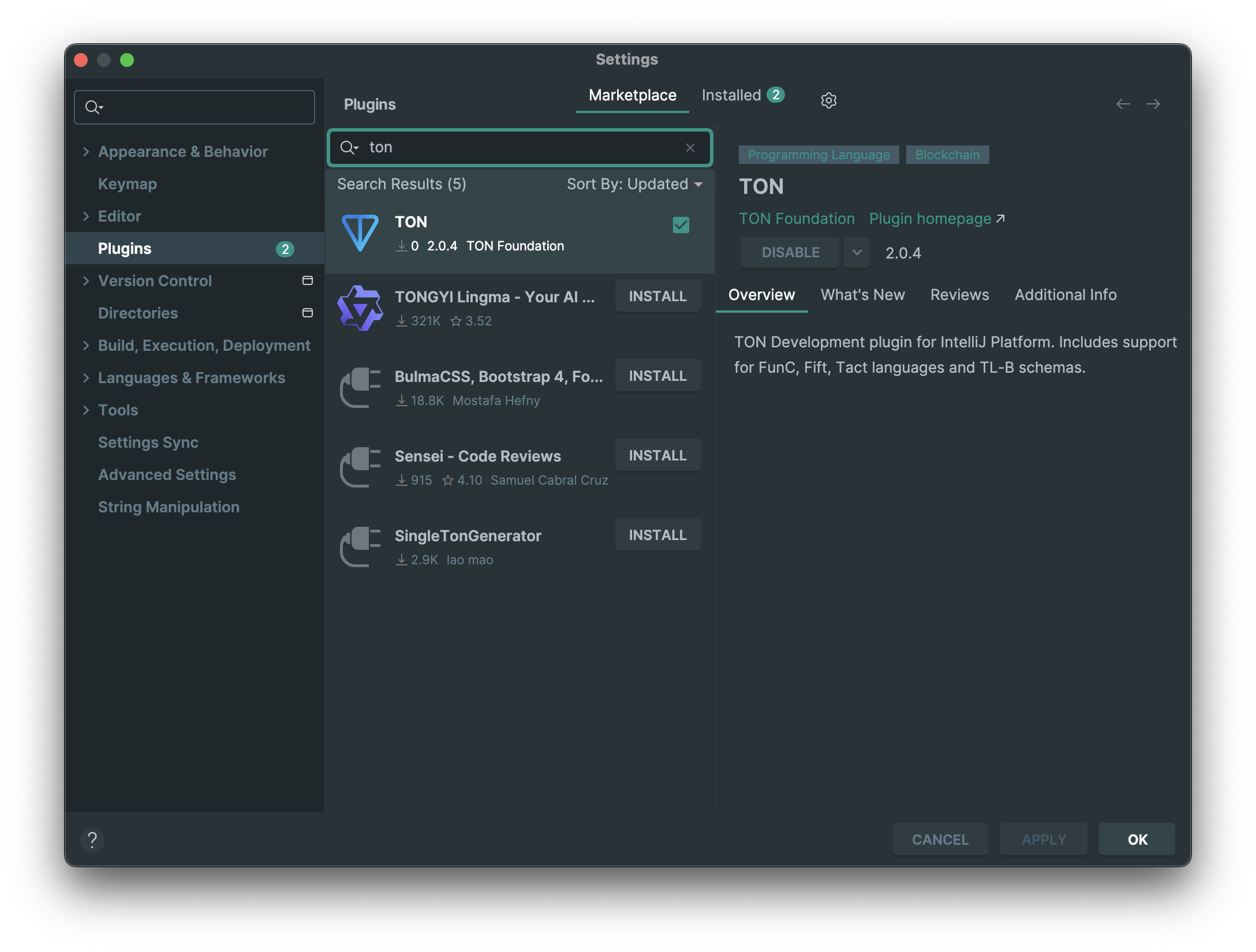 TON JetBrains plugin screenshot