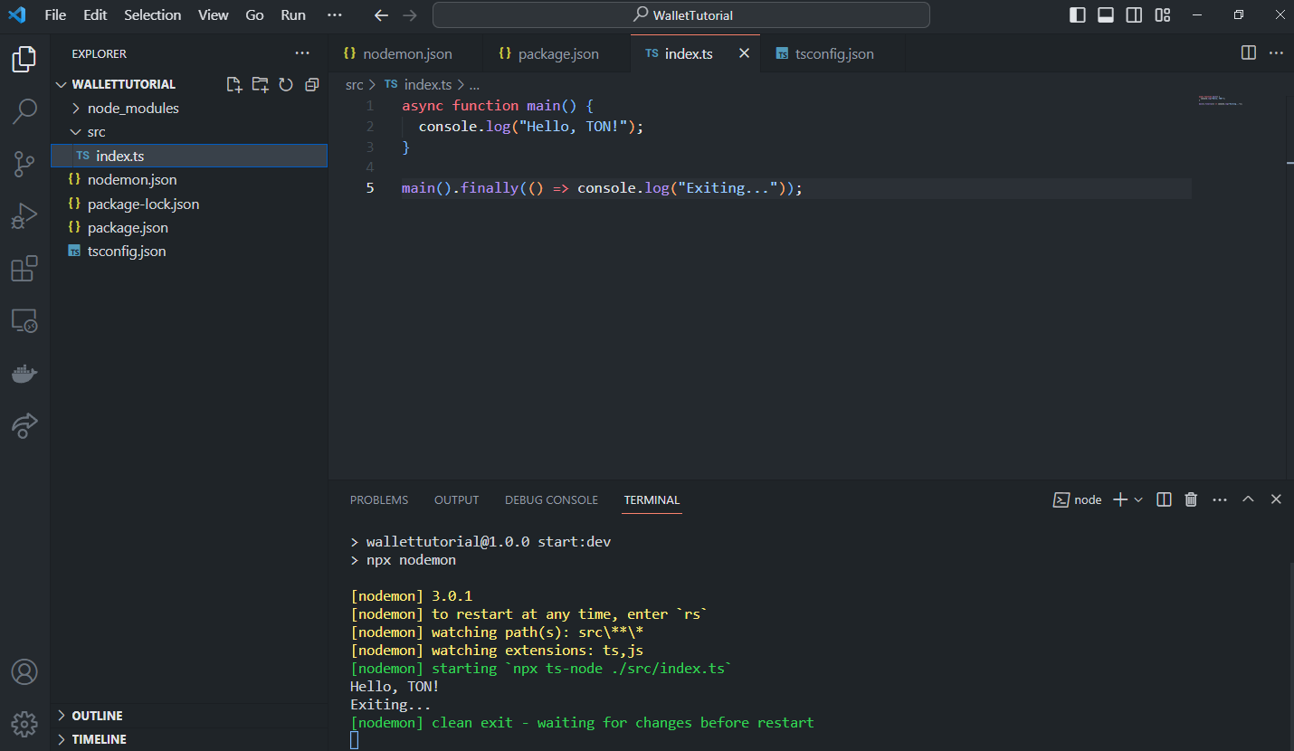 Console output: Hello, TON!