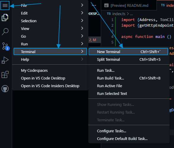 Terminal panel in Codespaces