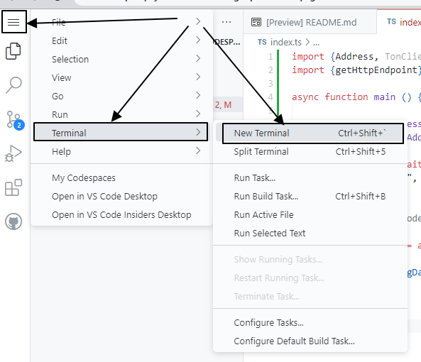 Terminal panel in Codespaces