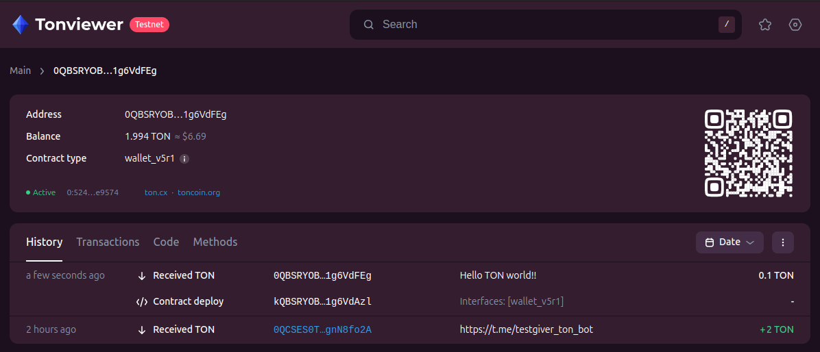 Screenshot of active wallet state